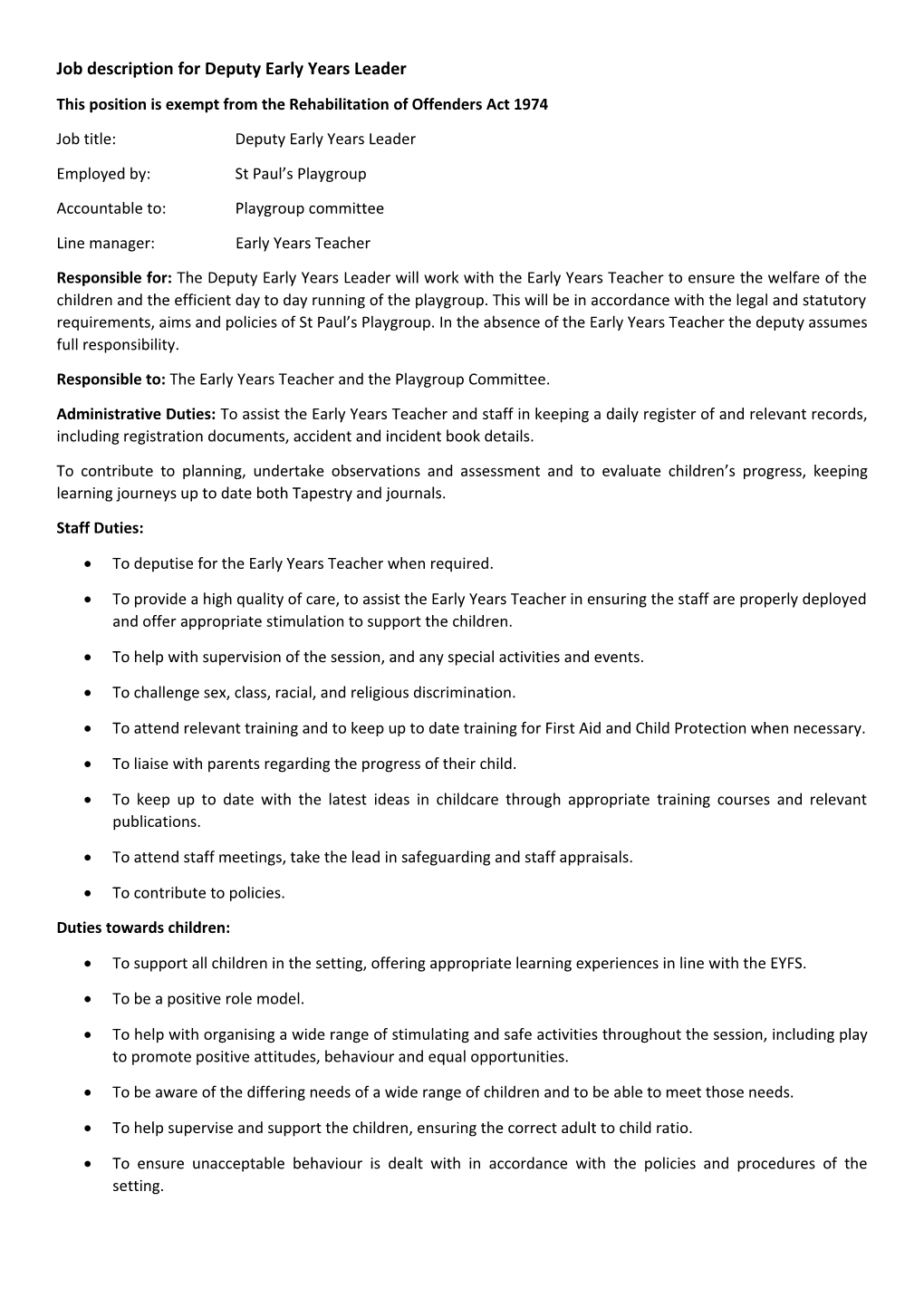 Job Description for Deputy Early Years Leader