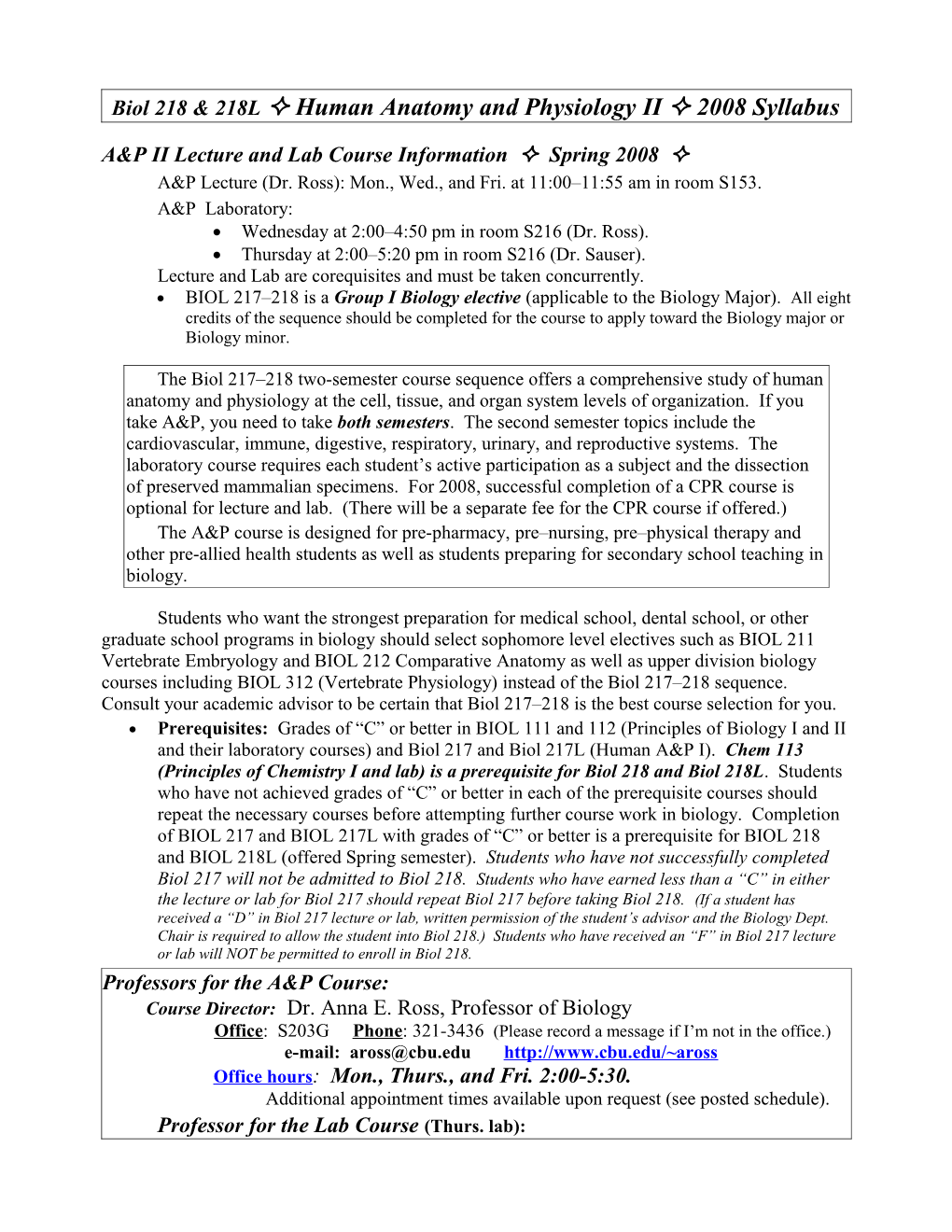 Biol 218 Anatomy and Physiology II Lab Syllabus