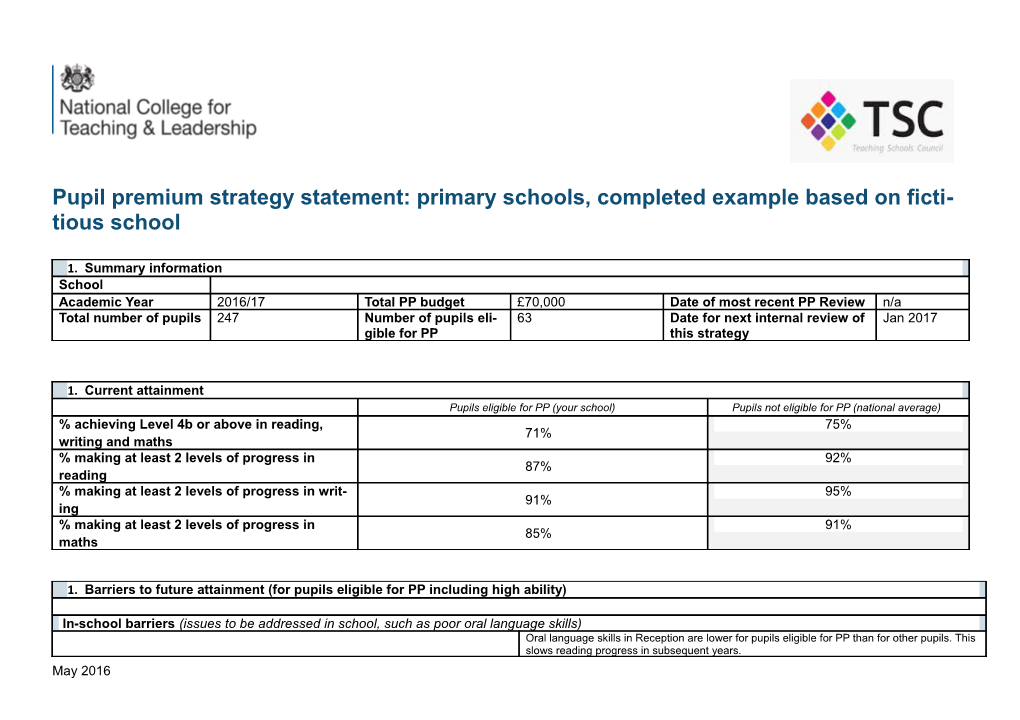 Pupil Premium Strategy Statement: Primary Schools, Completed Example Based on Fictitious