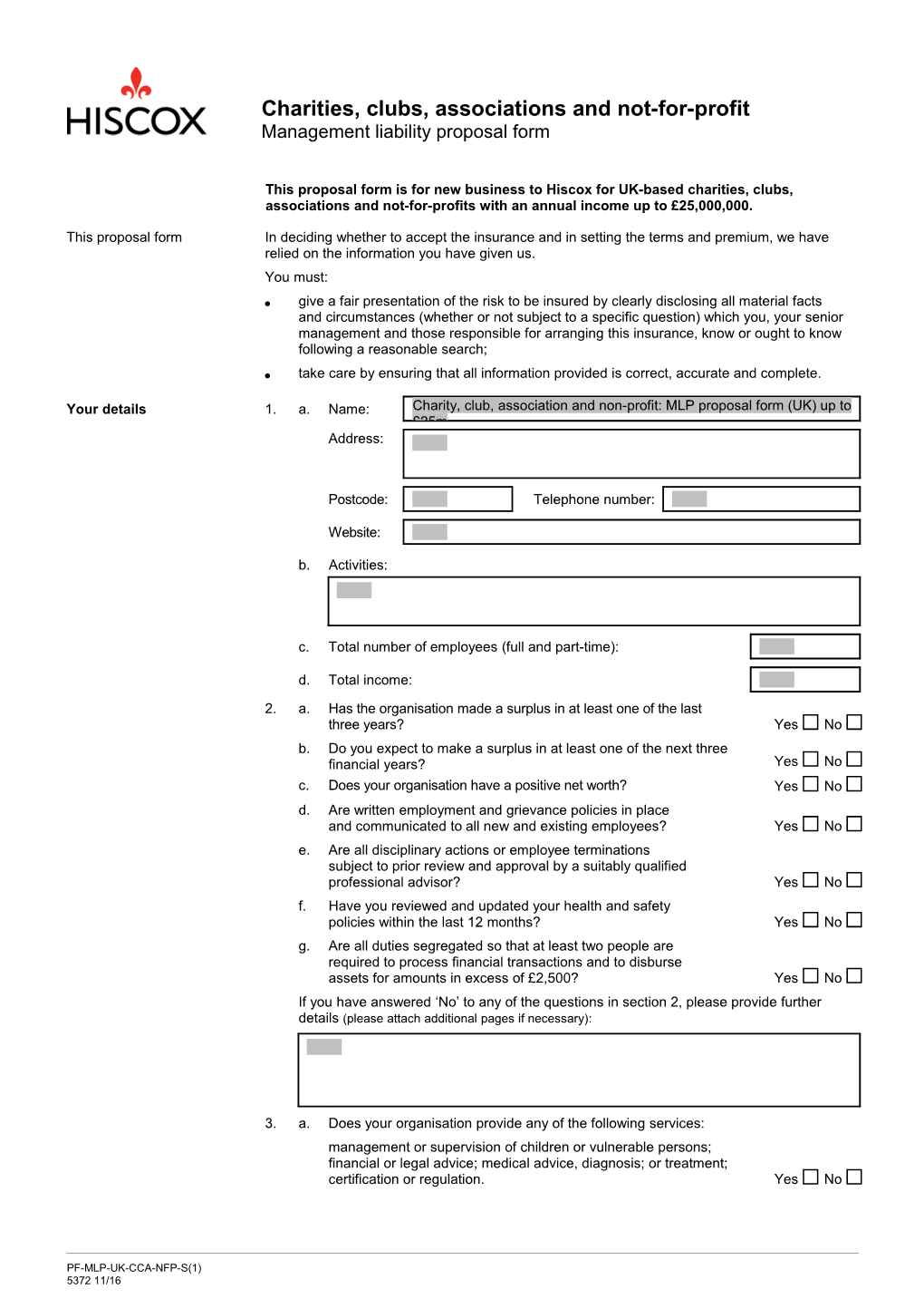 Charity, Club, Association and Non-Profit: MLP Proposal Form (UK) up to 25M (Broker)