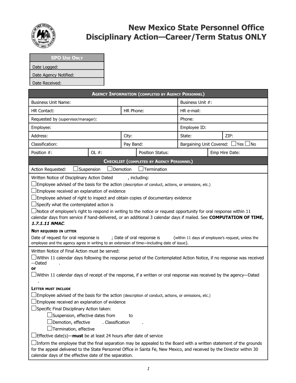 New Mexico State Personnel Office Disciplinary Action Career/Term Status ONLY