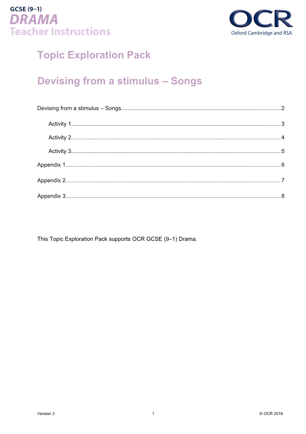 GCSE (9-1) Drama Topic Exploration Pack (Devising from a Stimulus Songs)