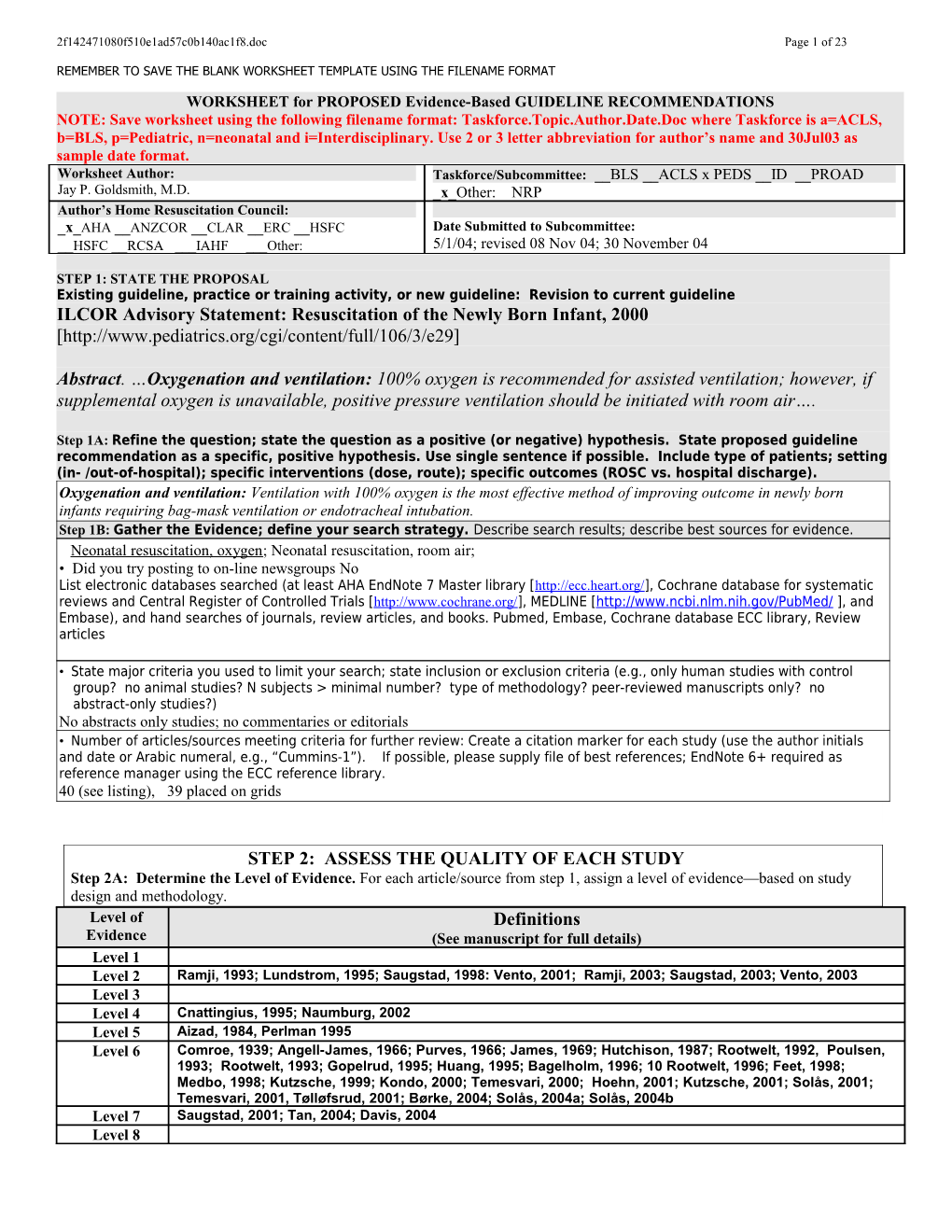 WORKSHEET for PROPOSED Evidence-Based GUIDELINE RECOMMENDATIONS s1