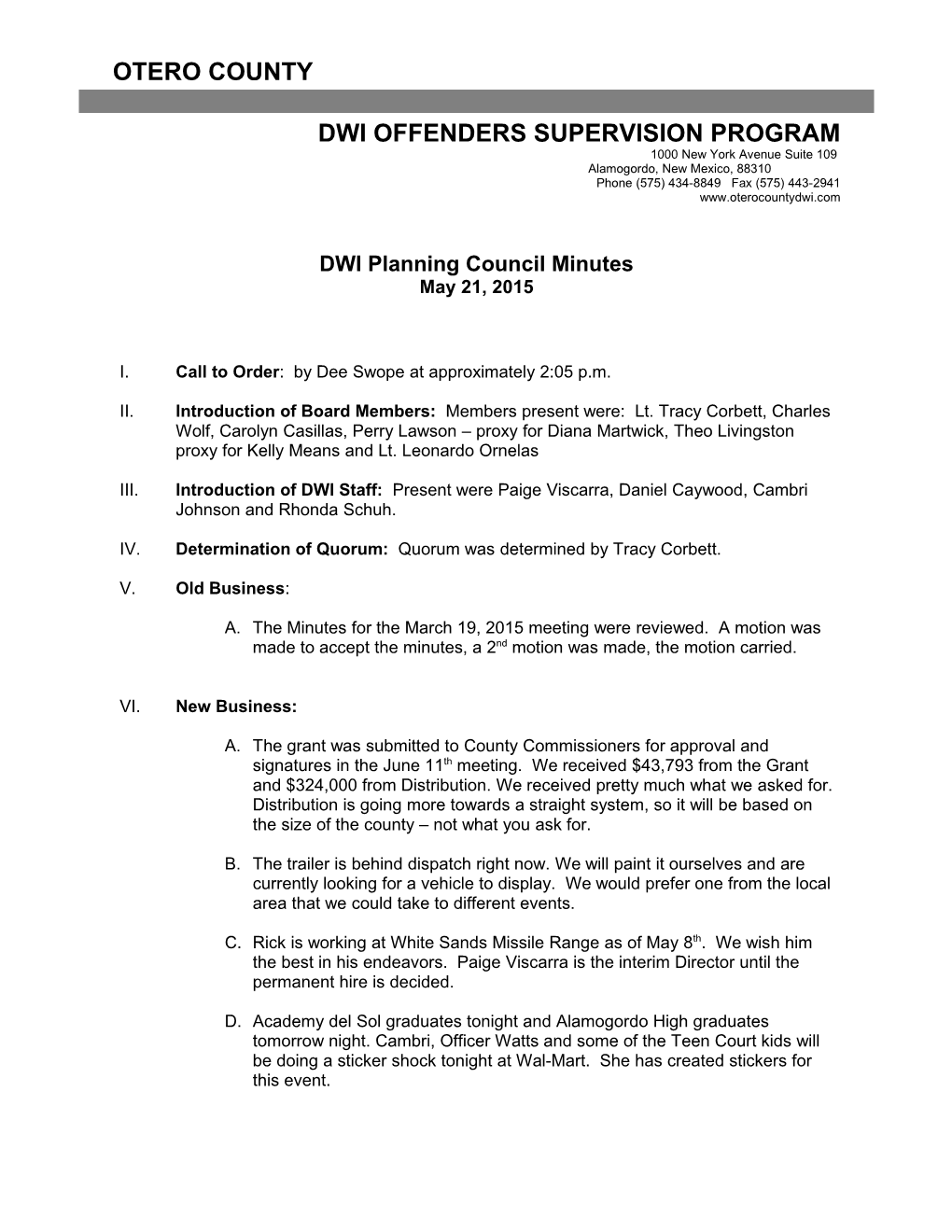 DWI Planning Council Minutes