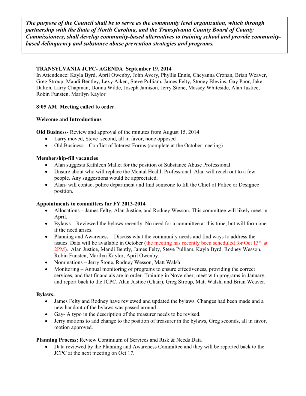 TRANSYLVANIA JCPC- AGENDA September 19, 2014