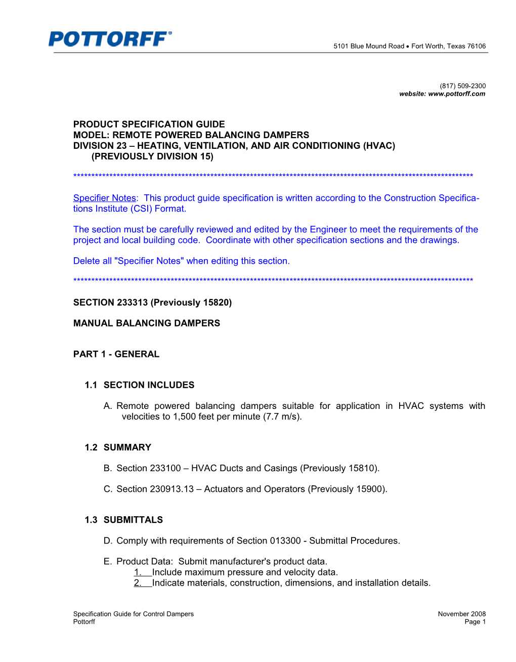 Section 233313-Control Dampers s1