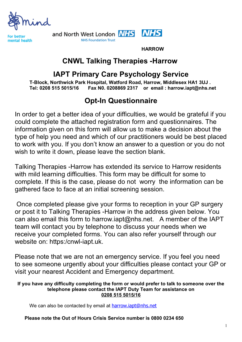 CNWL Talking Therapies -Harrow