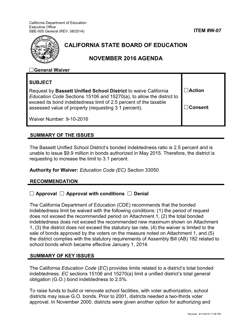 January 2017 Waiver Item W-07 - Meeting Agendas (CA State Board of Education)