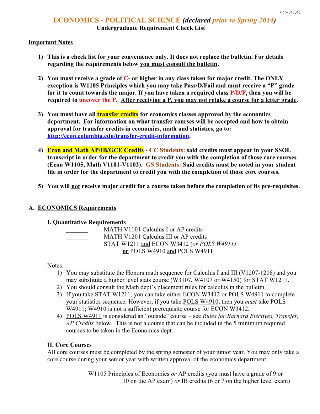 Undergraduate Requirement Check List