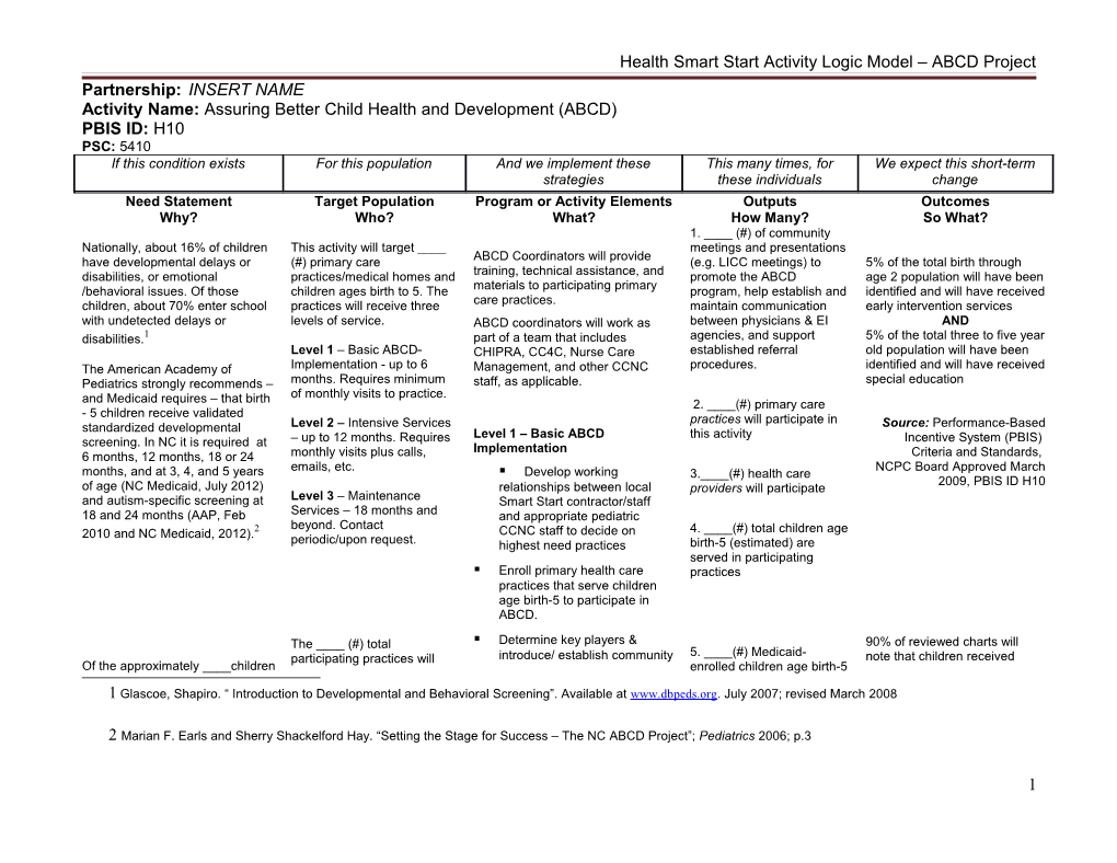 Health Smart Start Activity Logic Model ABCD Project