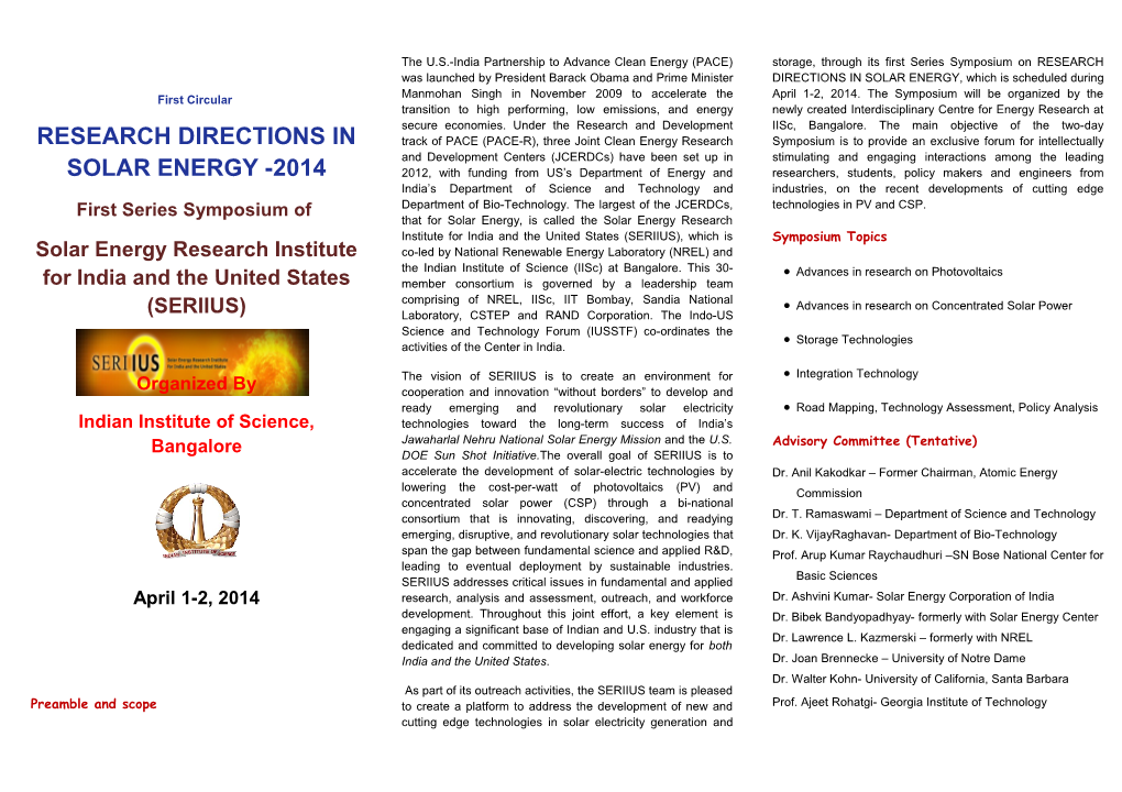 Research Directions in Solar Energy -2014