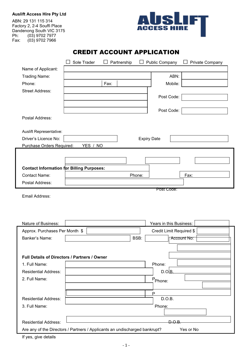 Credit Account Application