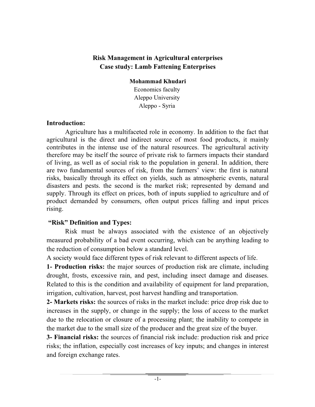 Risk Management in Agricultural Enterprises