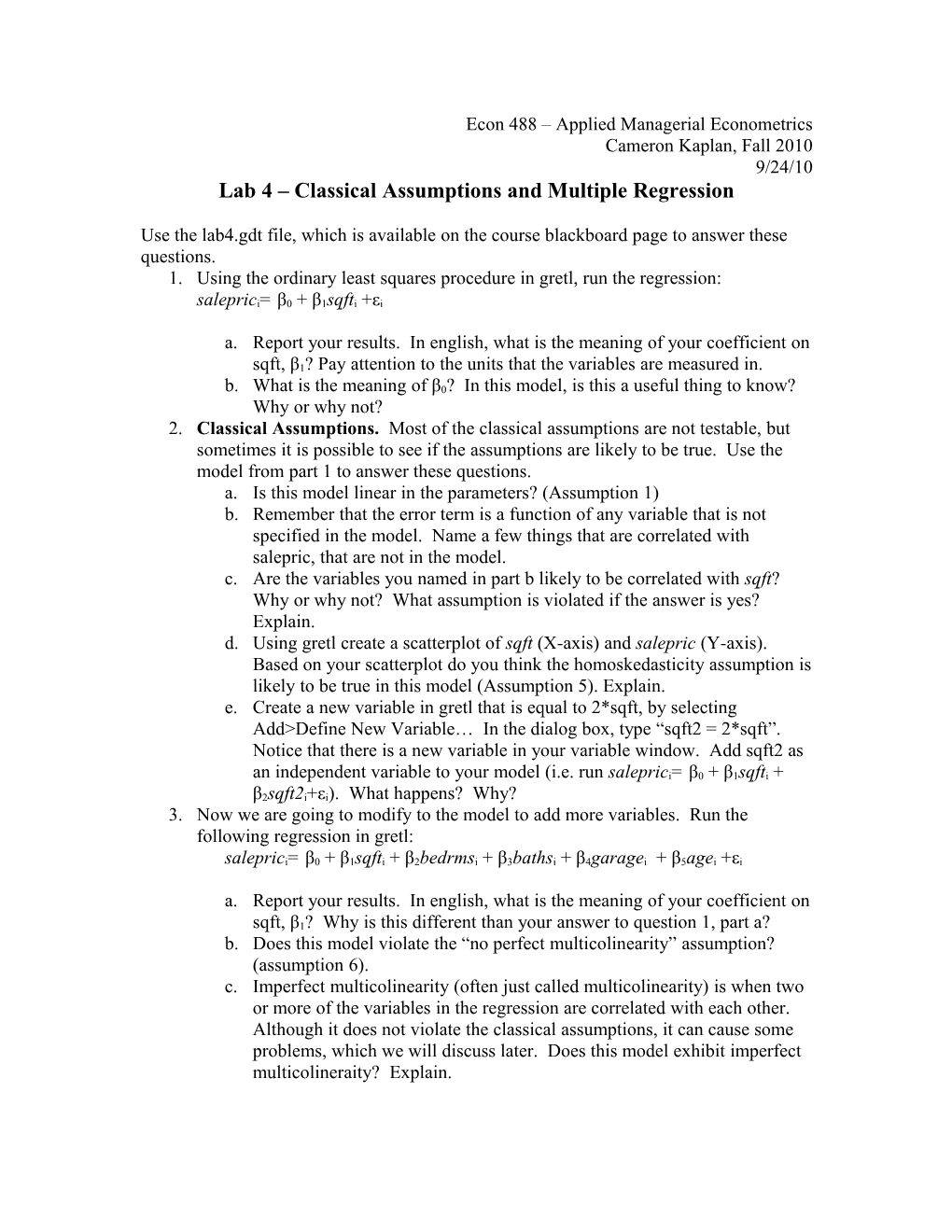 Lab 4 Classical Assumptions and Multiple Regression