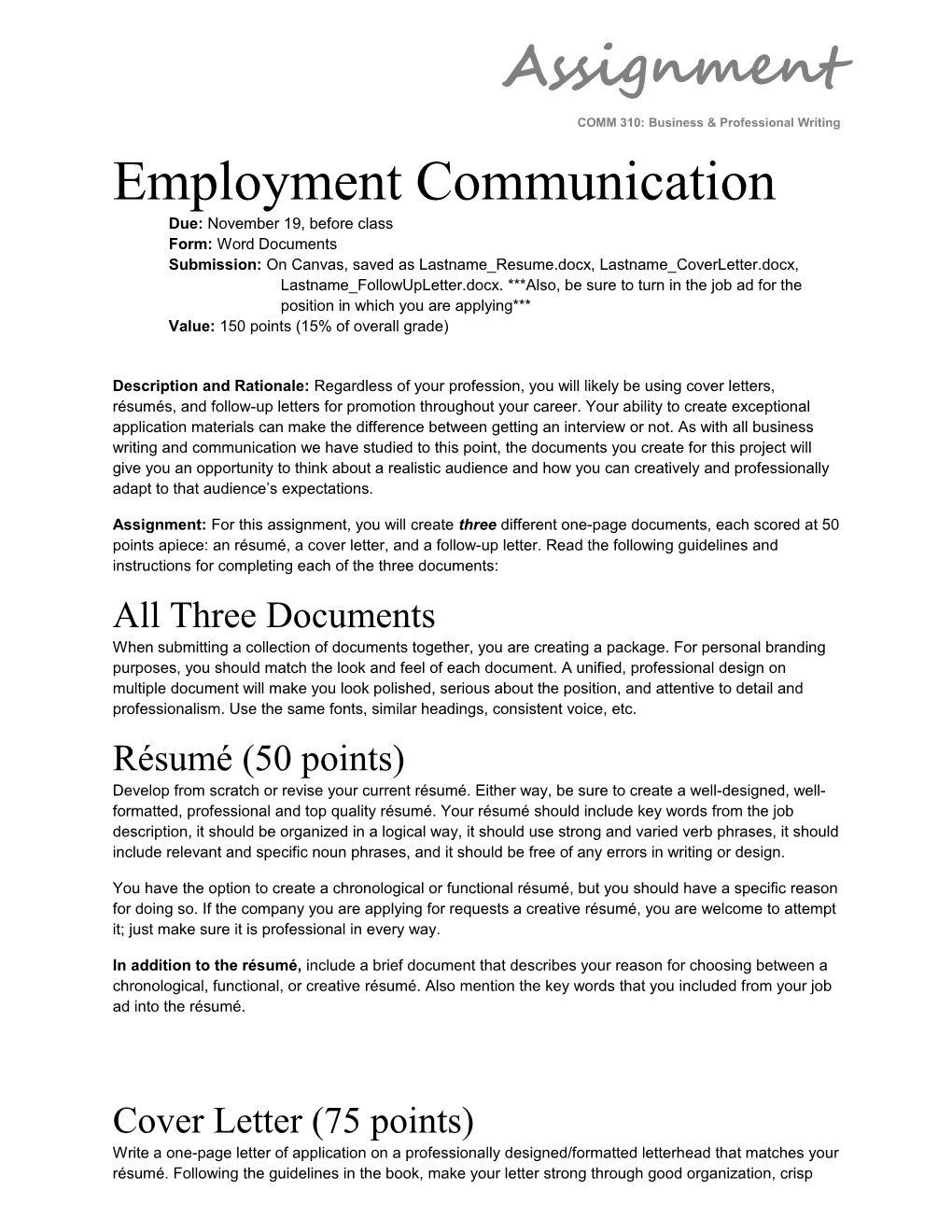 Assignment COMM 310: Business & Professional Writing