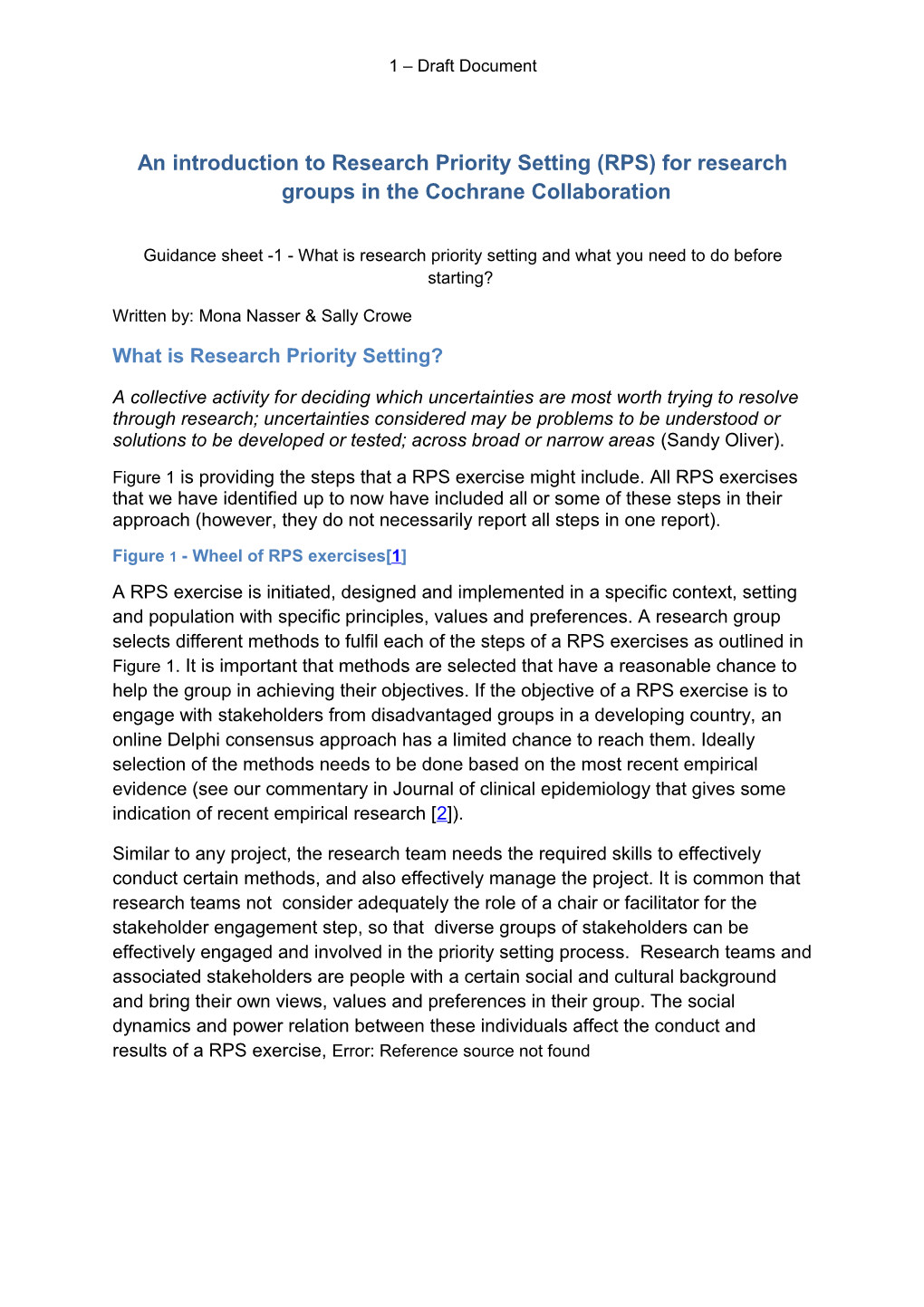 An Introduction to Research Priority Setting (RPS) for Research Groups in the Cochrane