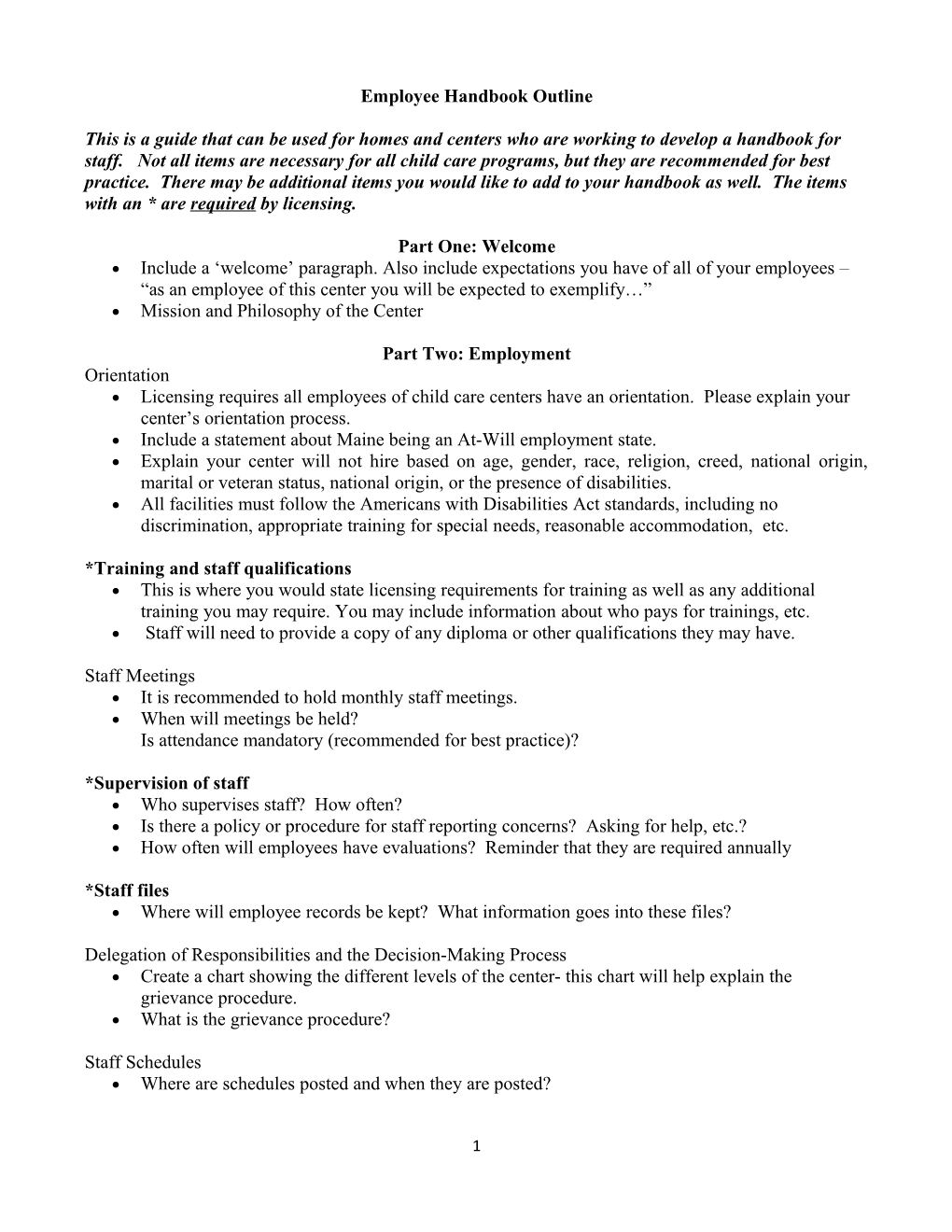 Employee Handbook Outline