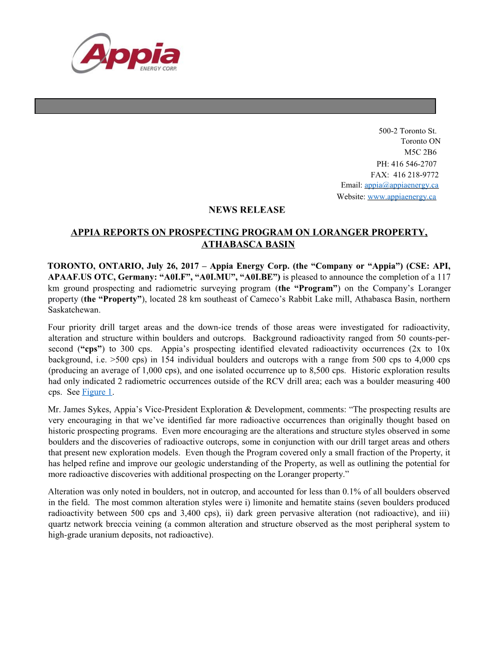 Appia Reports on Prospecting Program on Loranger Property, Athabasca Basin