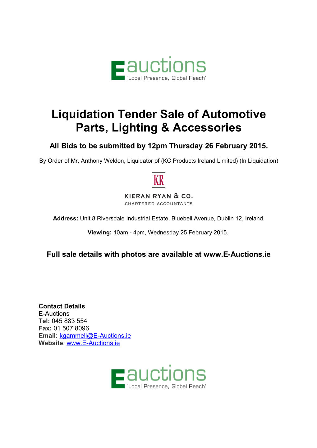 Liquidation Tender Sale of Automotive Parts, Lighting & Accessories
