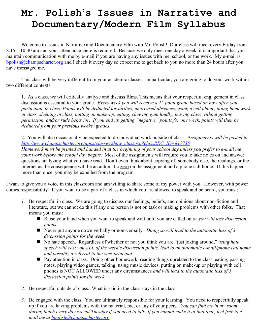 Mr. Polish S Issues in Narrative and Documentary/Modern Film Syllabus