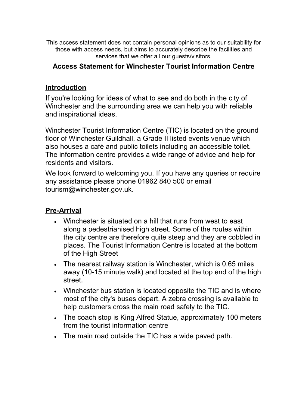 Access Statement for Winchester Tourist Information Centre