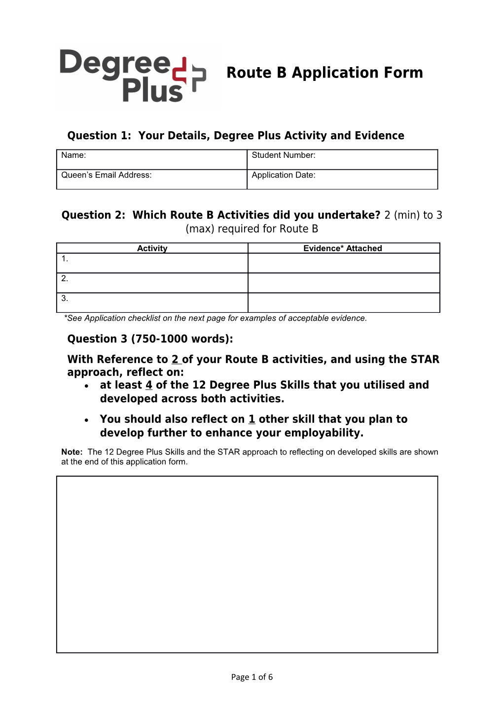 Question 1: Your Details, Degree Plus Activity and Evidence