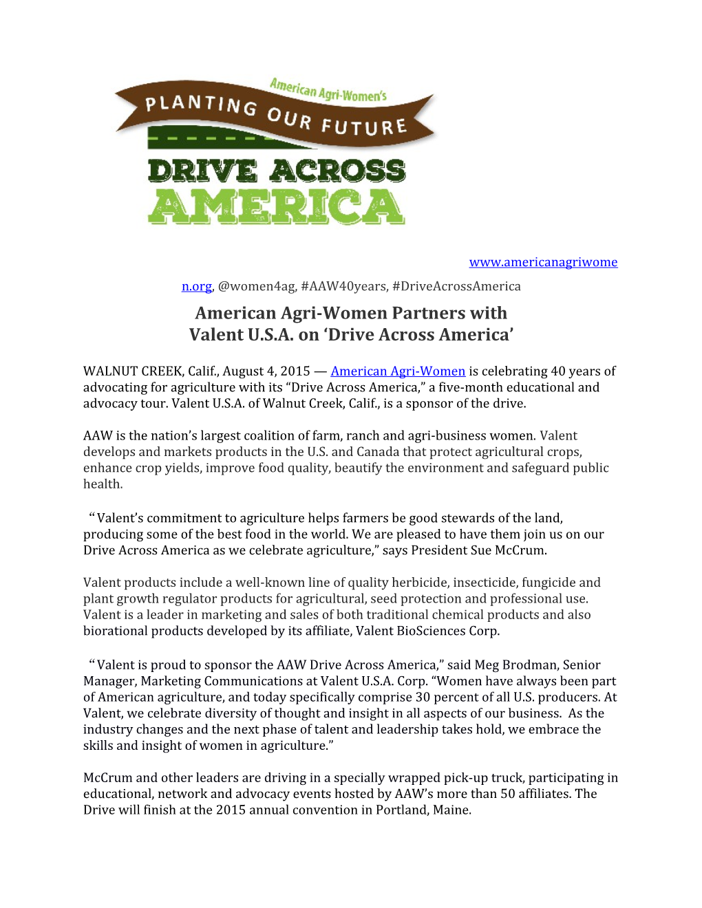 American Agri-Women Partners with Valent U.S.A. on Drive Across America