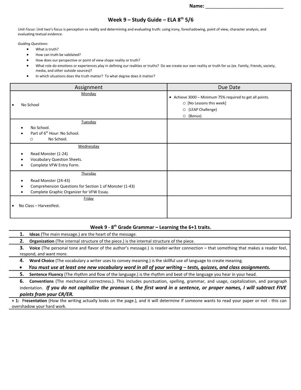 Week 9 Study Guide ELA 8Th 5/6