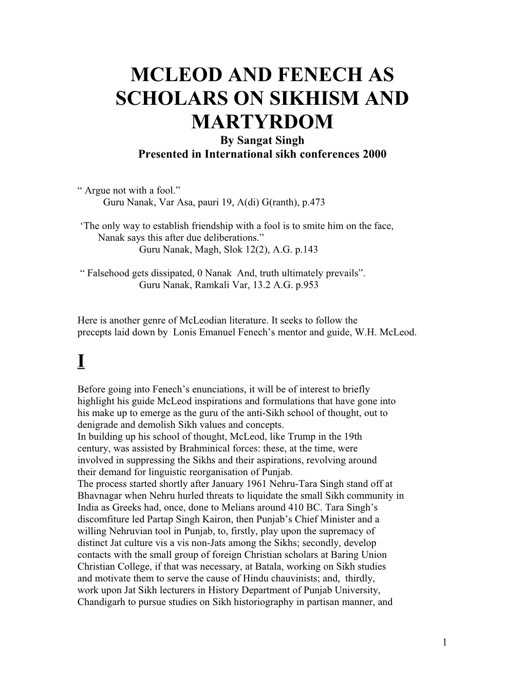 Mcleod and Fenech As Scholars on Sikhism and Martyrdom