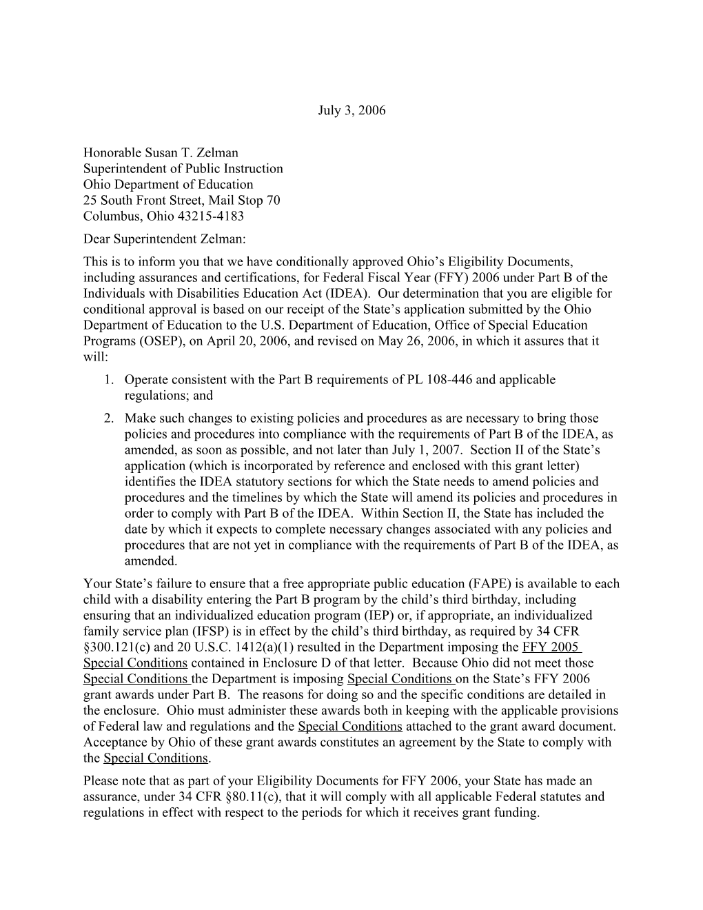 Ohio IDEA 2006 Part B Grant Award Letter (MS Word)