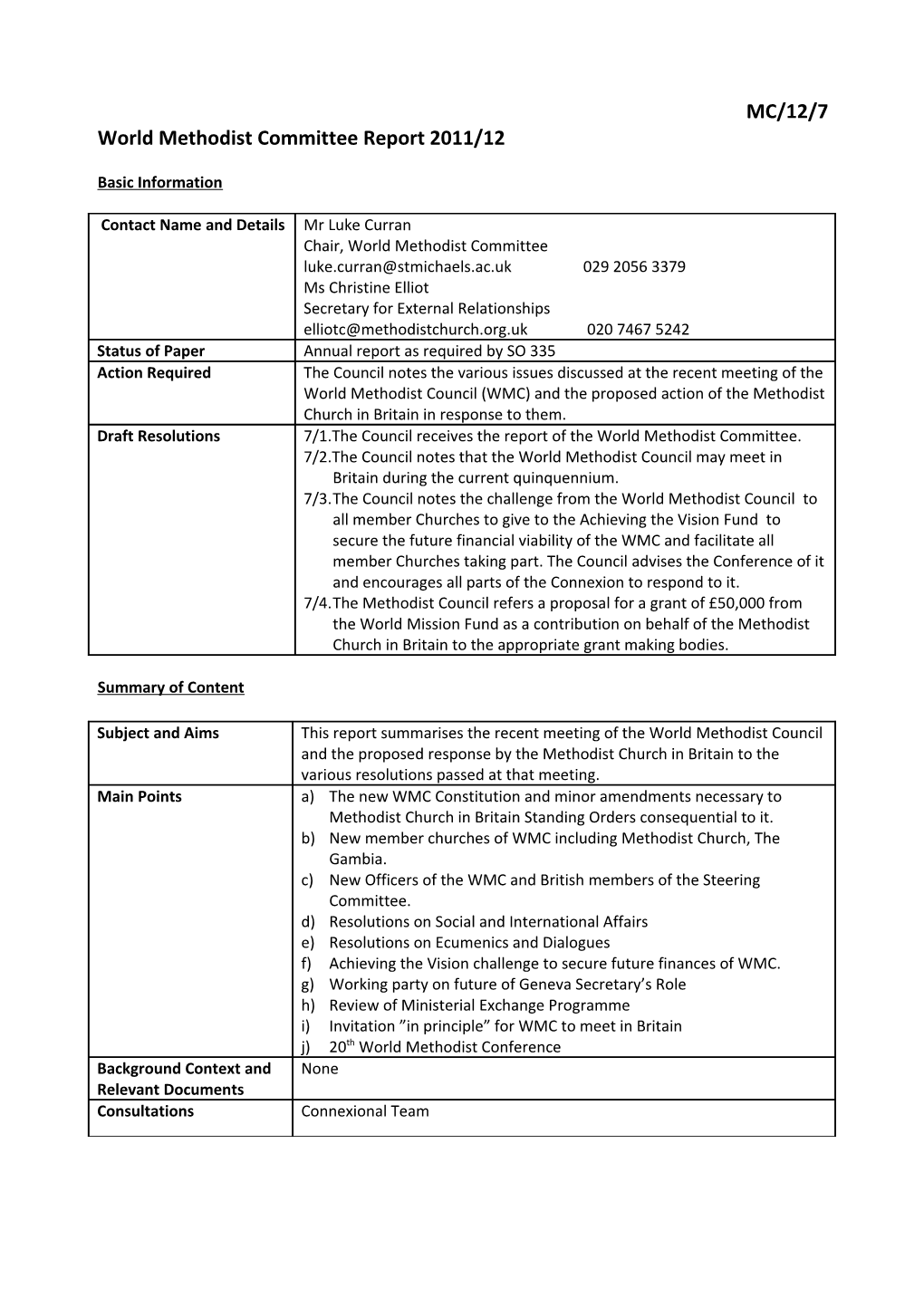 World Methodist Committee Report 2011/12