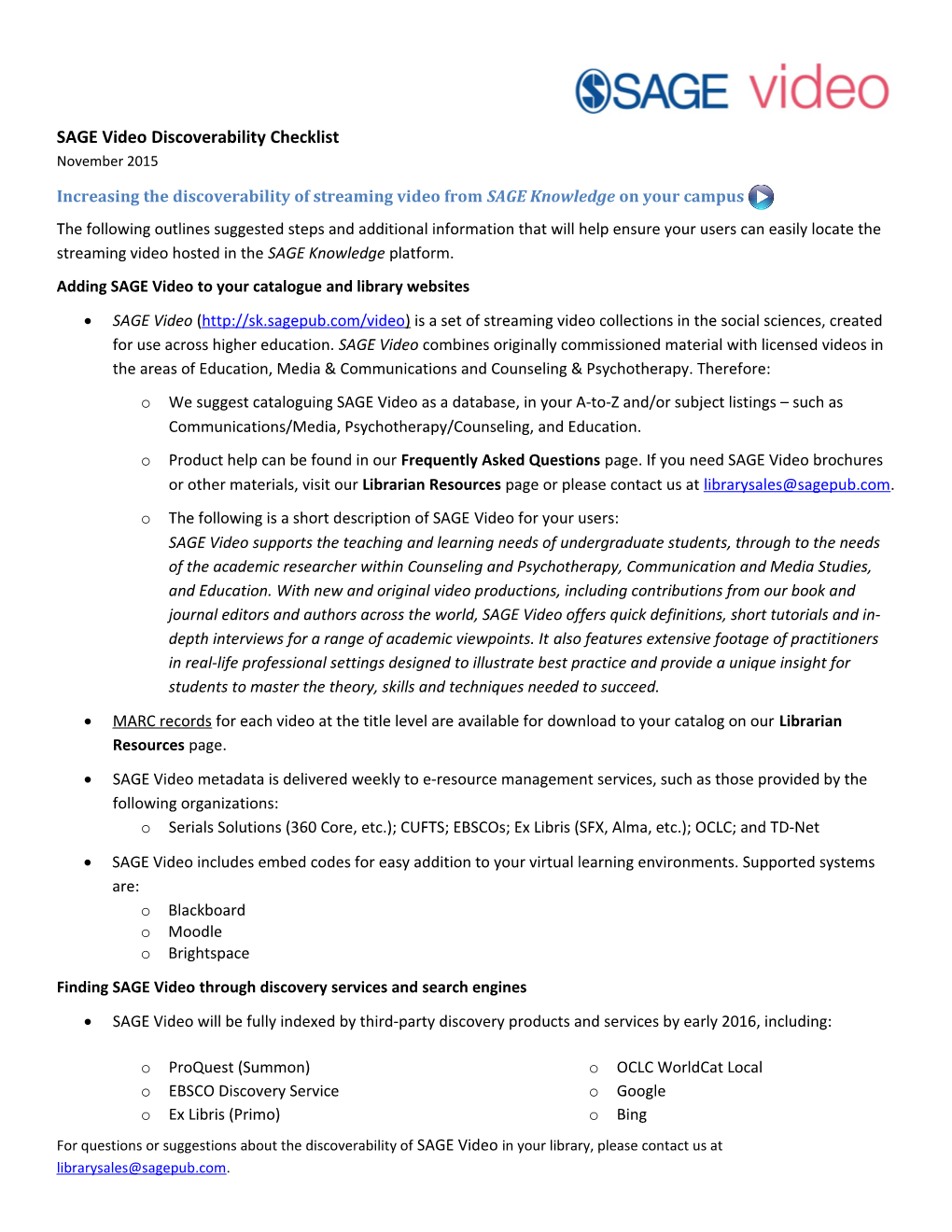 SAGE Video Discoverability Checklist
