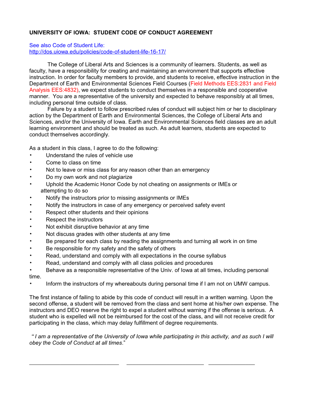 University of Iowa: Student Code of Conduct Agreement