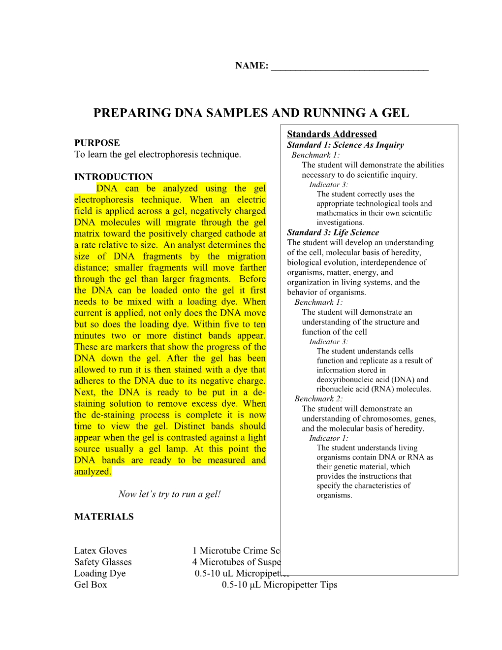 Preparing Dna Samples and Running a Gel