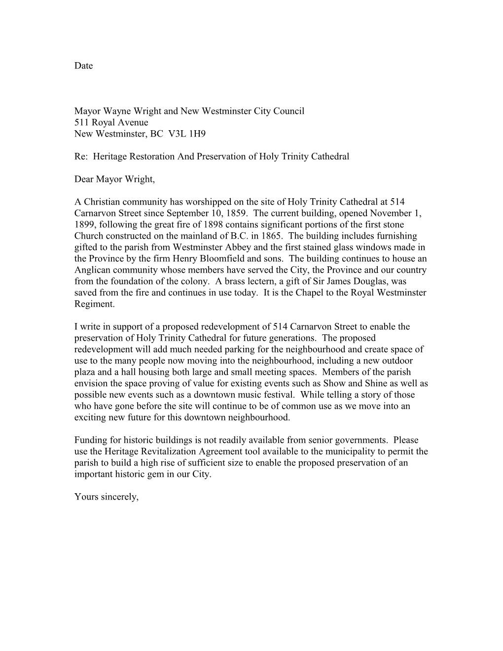 Mayor Wayne Wright & New Westminster City Council - Sample Letter