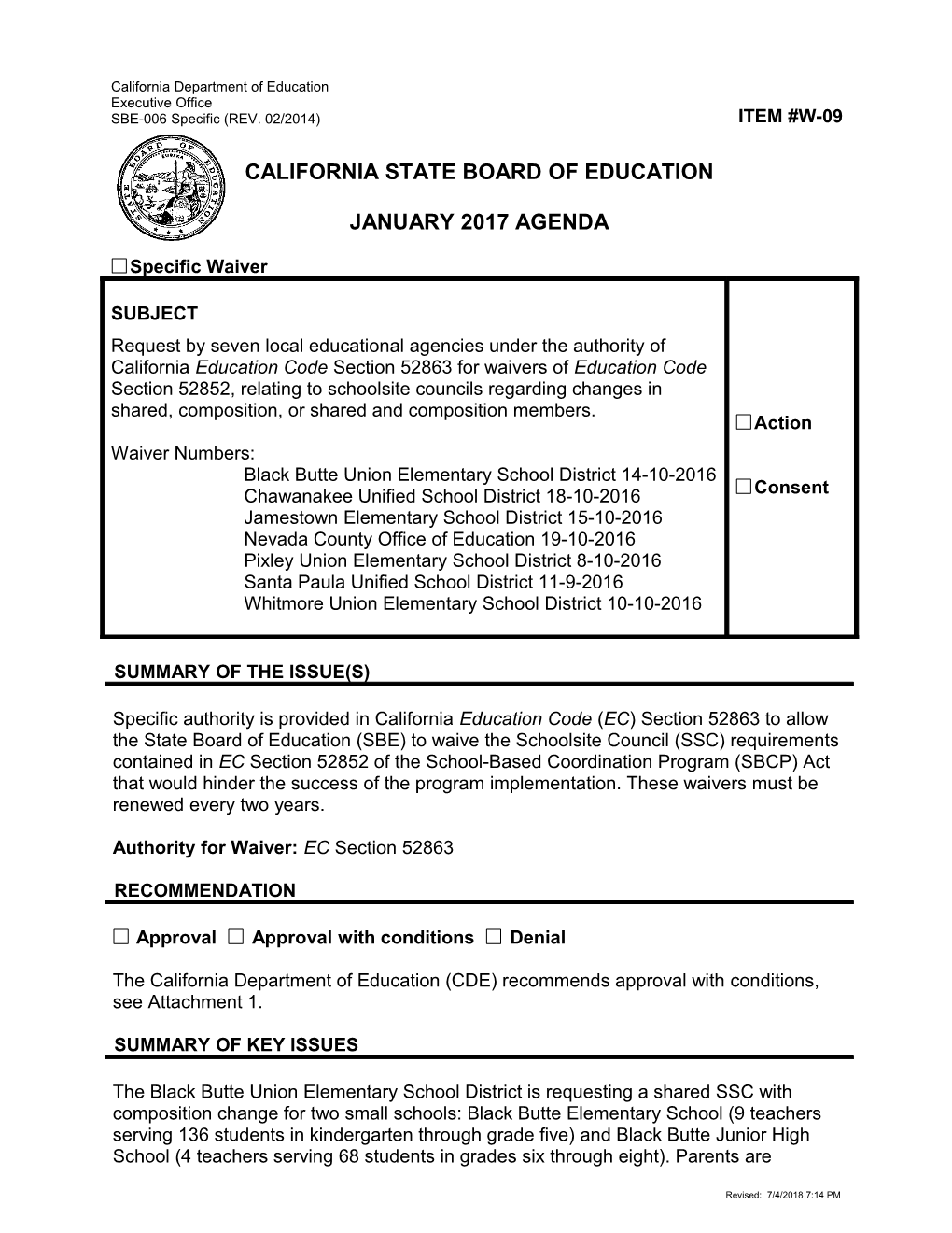 January 2017 Waiver Item W-09 - Meeting Agendas (CA State Board of Education)