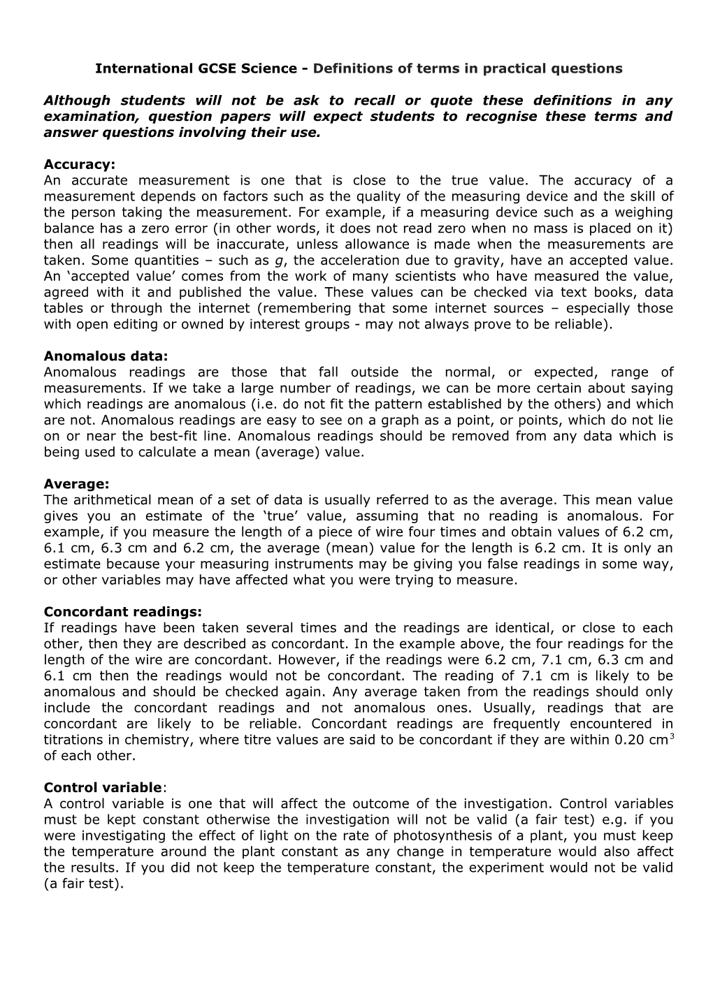 International GCSE Science - Definitions of Terms in Practical Questions s1