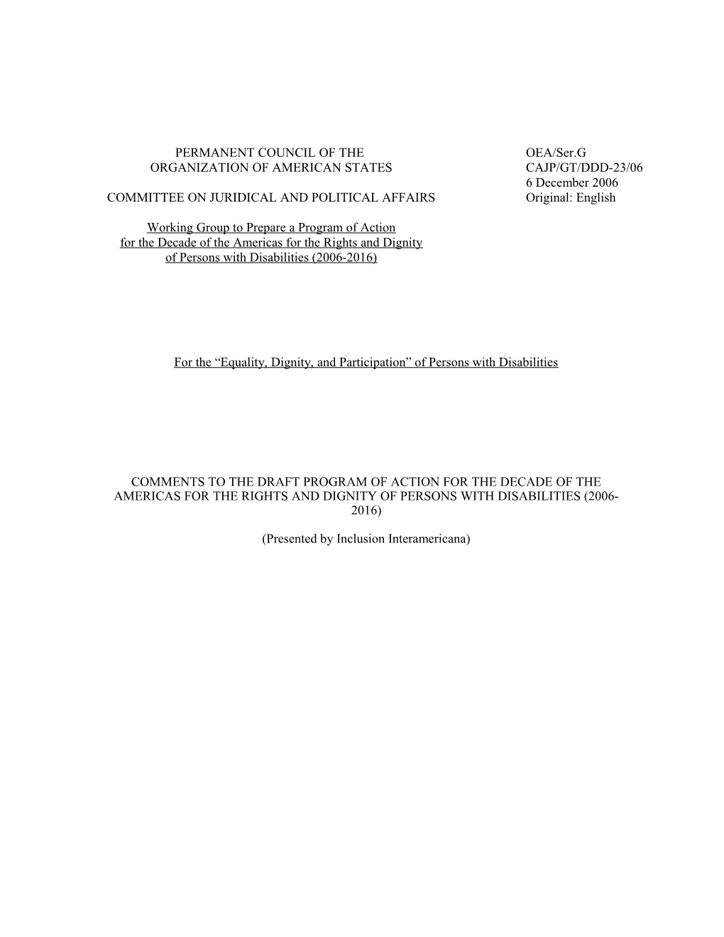 Brief on OAS Progam of Action: Decade of the Americas for Persons with Disabilities