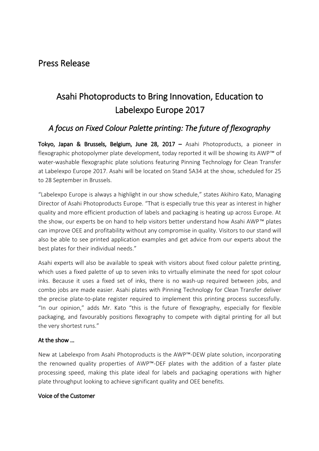 Asahi Photoproducts to Bring Innovation, Education to Labelexpo Europe 2017