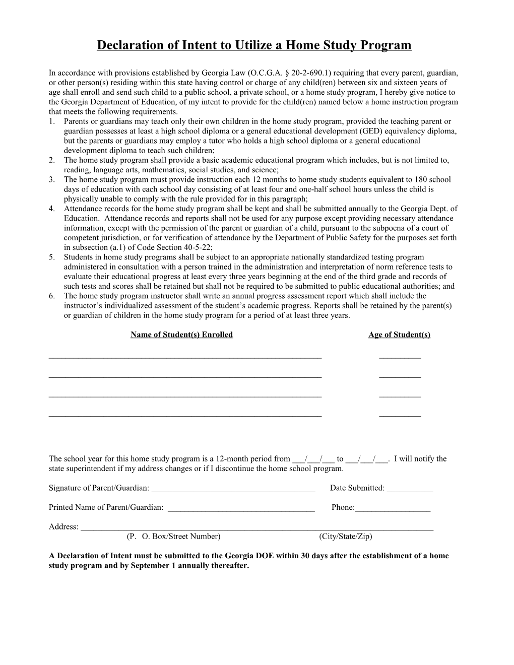 Declaration of Intent to Utilize a Home Study Program