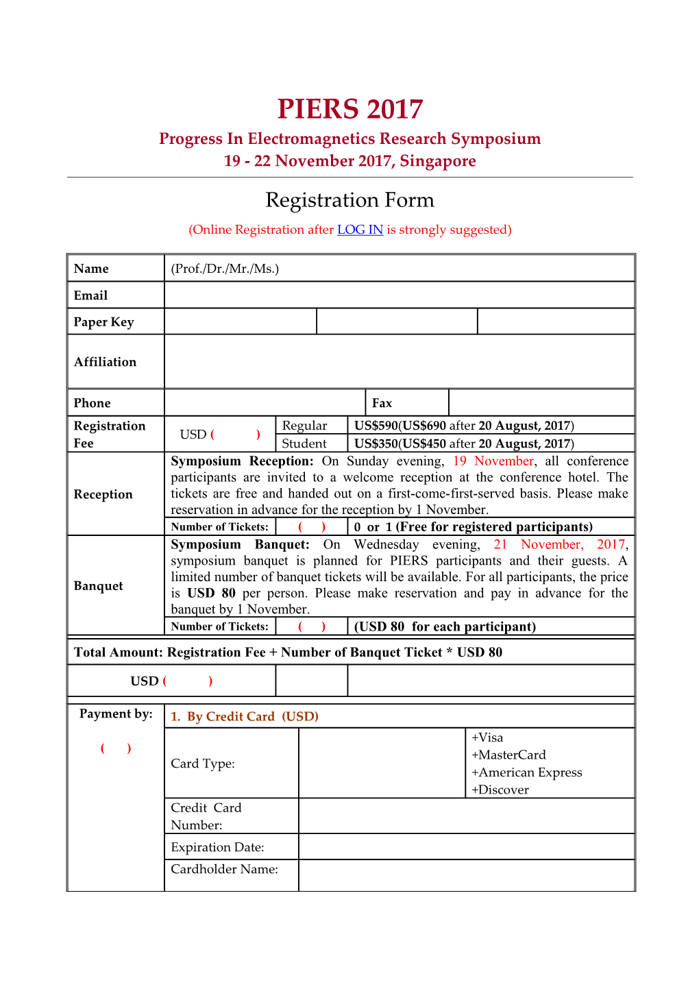 PIERS2007 in Prague, Registration Form