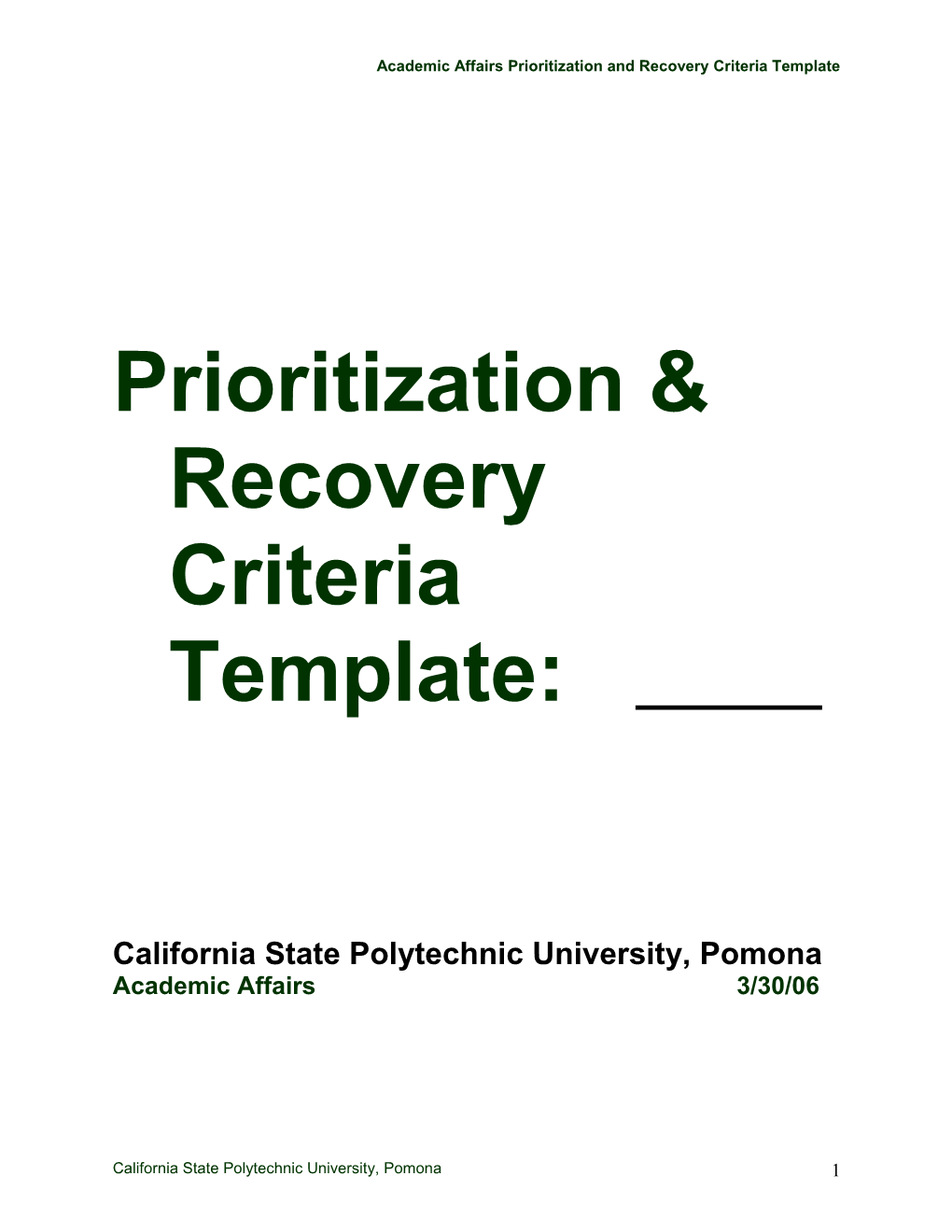Academic Affairs Prioritization and Recovery Criteria Template