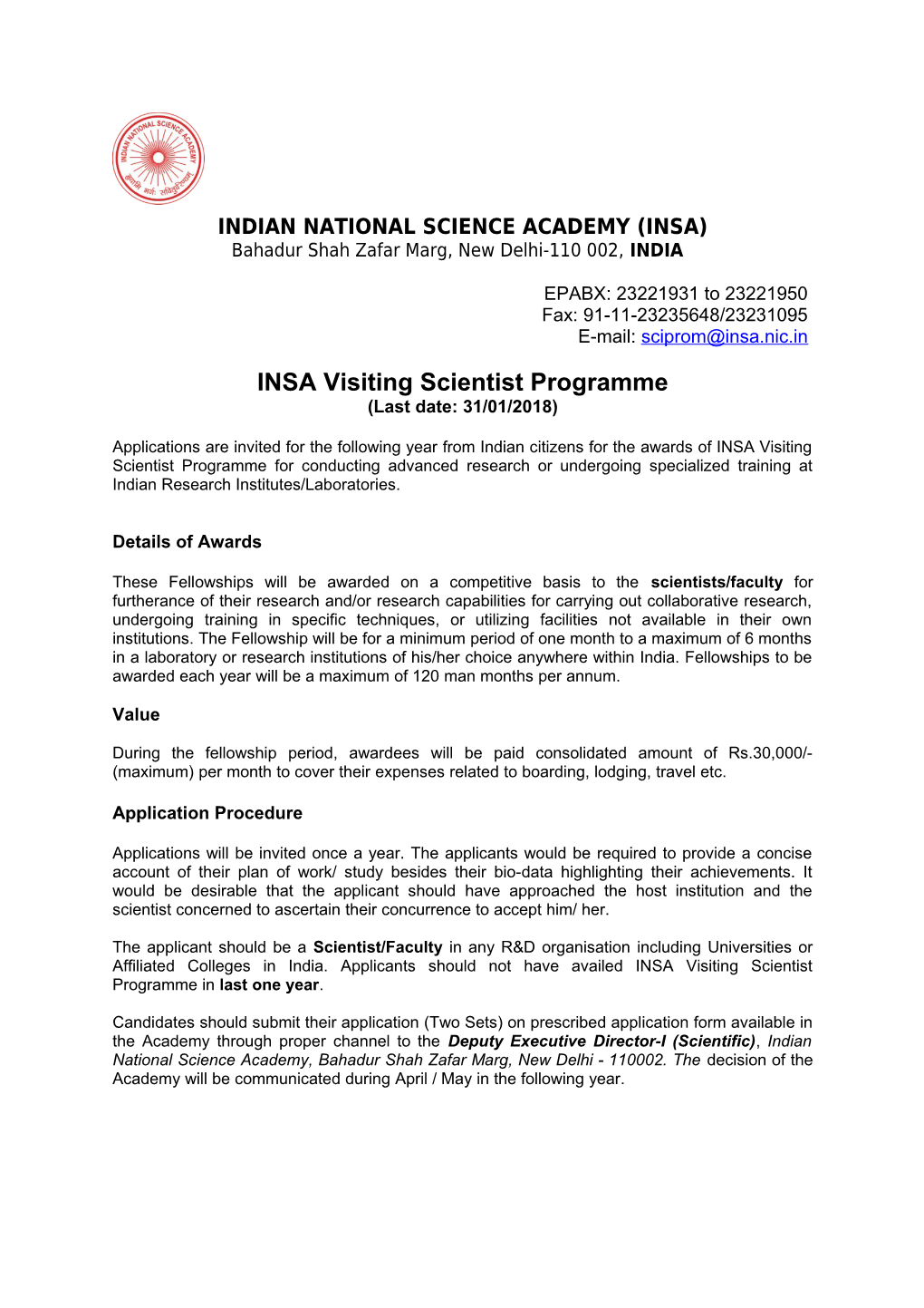 INSA Visiting Scientist Programme