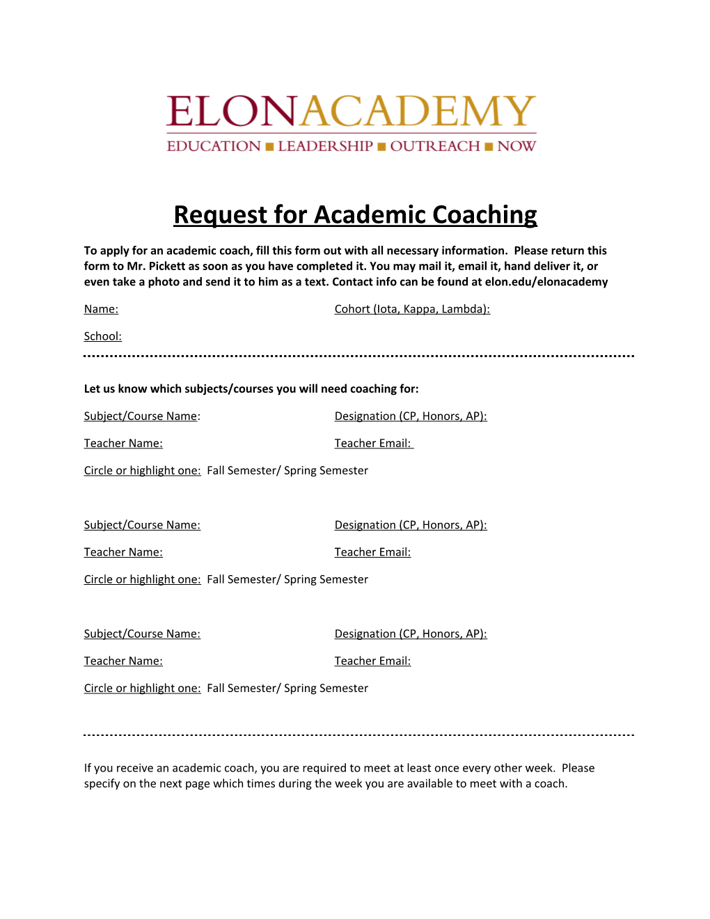 Request for Academic Coaching