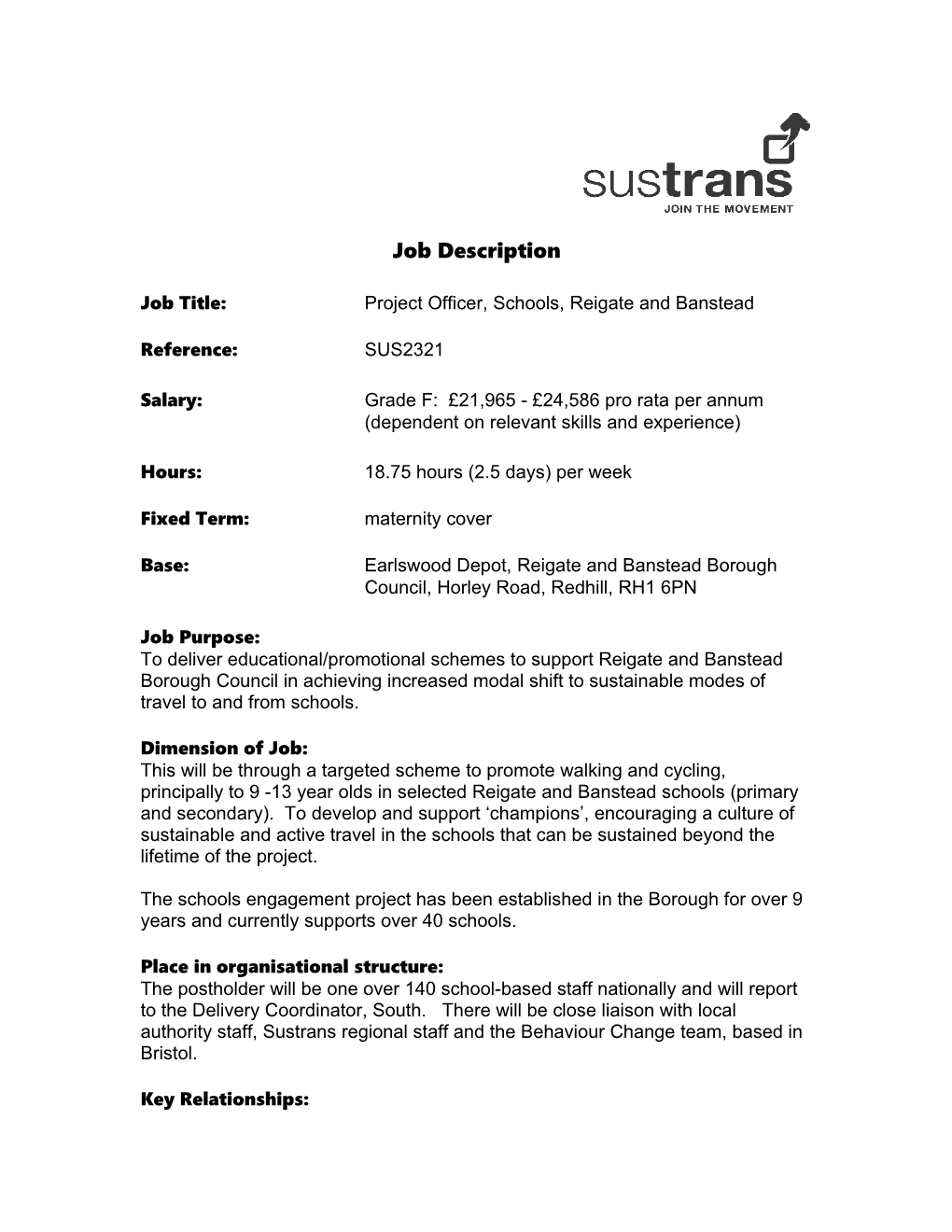 Job Title:Project Officer, Schools,Reigate and Banstead