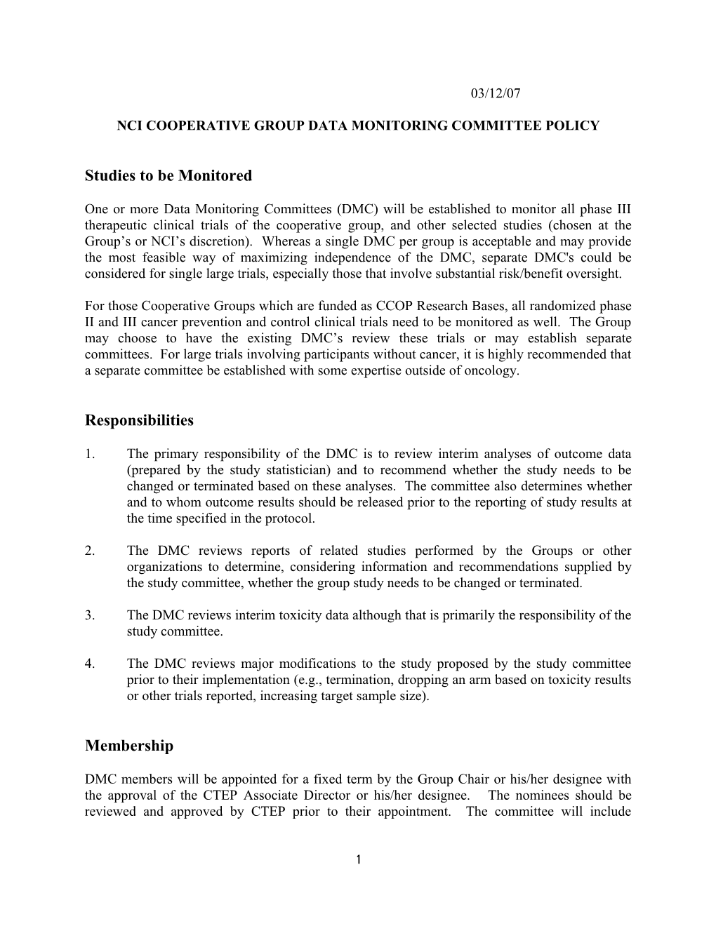 Nci Cooperative Group Data Monitoring Committee Policy