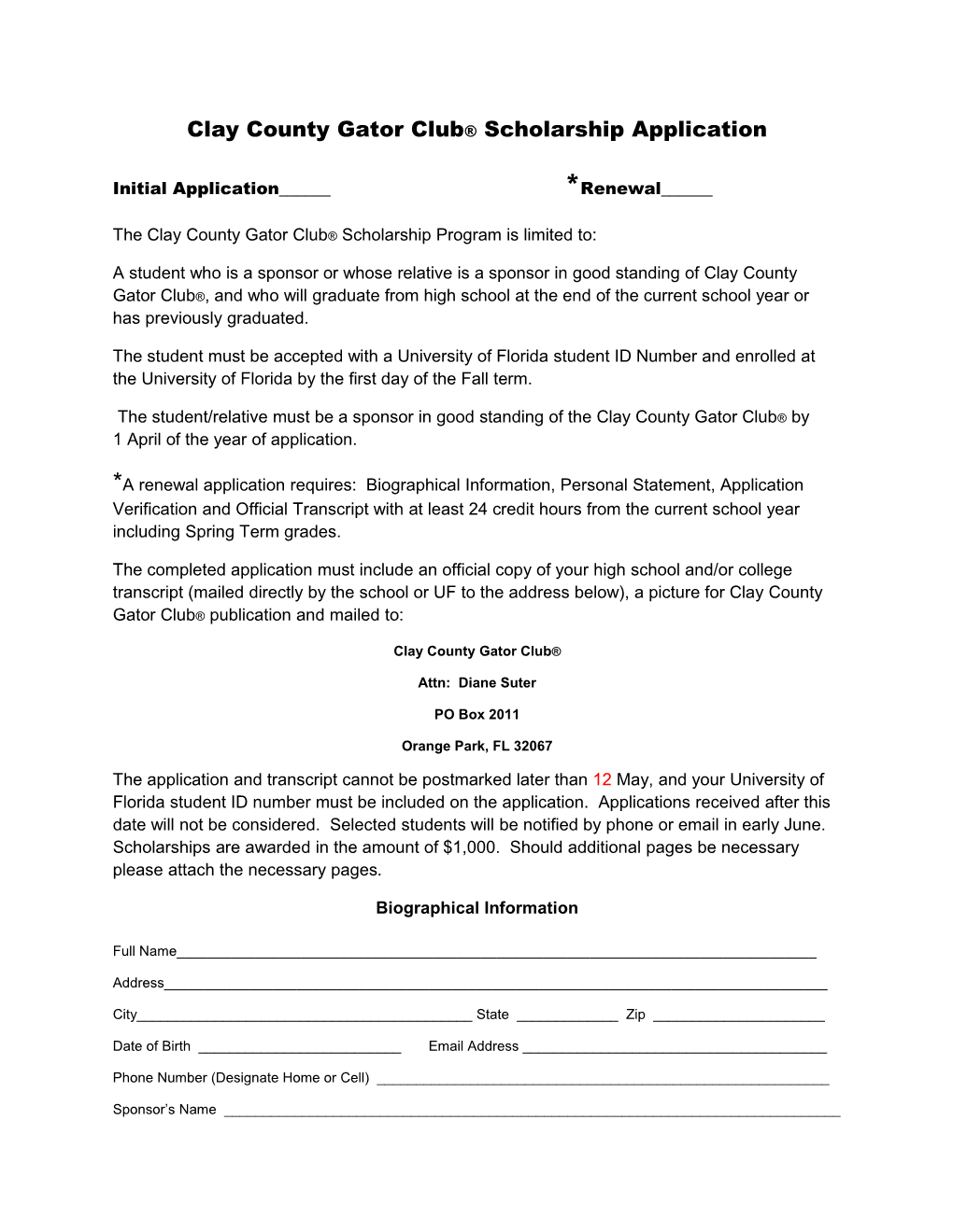 Clay County Gator Club Scholarship Application