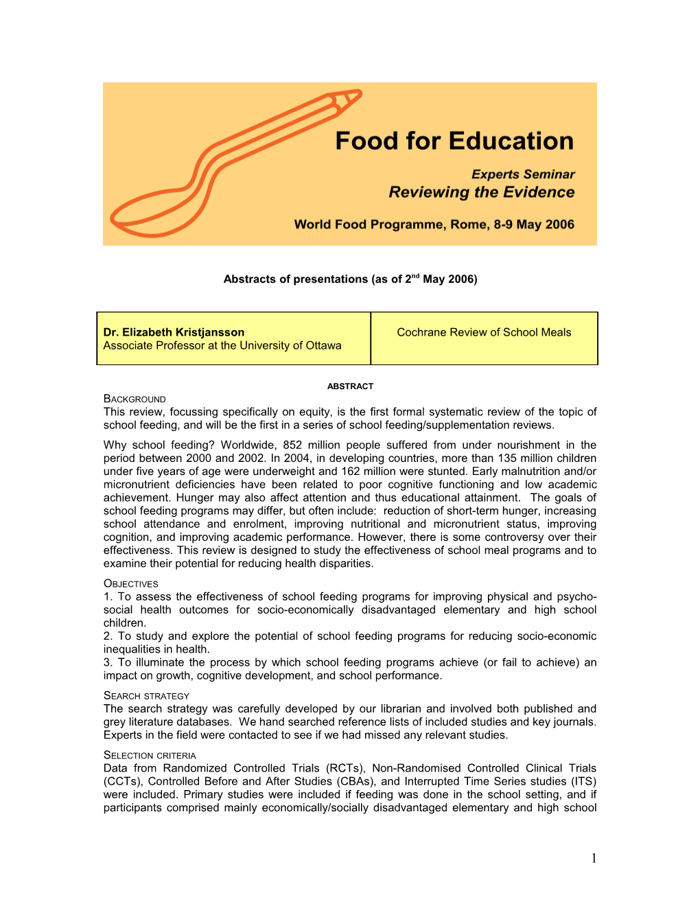 Abstracts of Presentations (As of 2Nd May 2006)