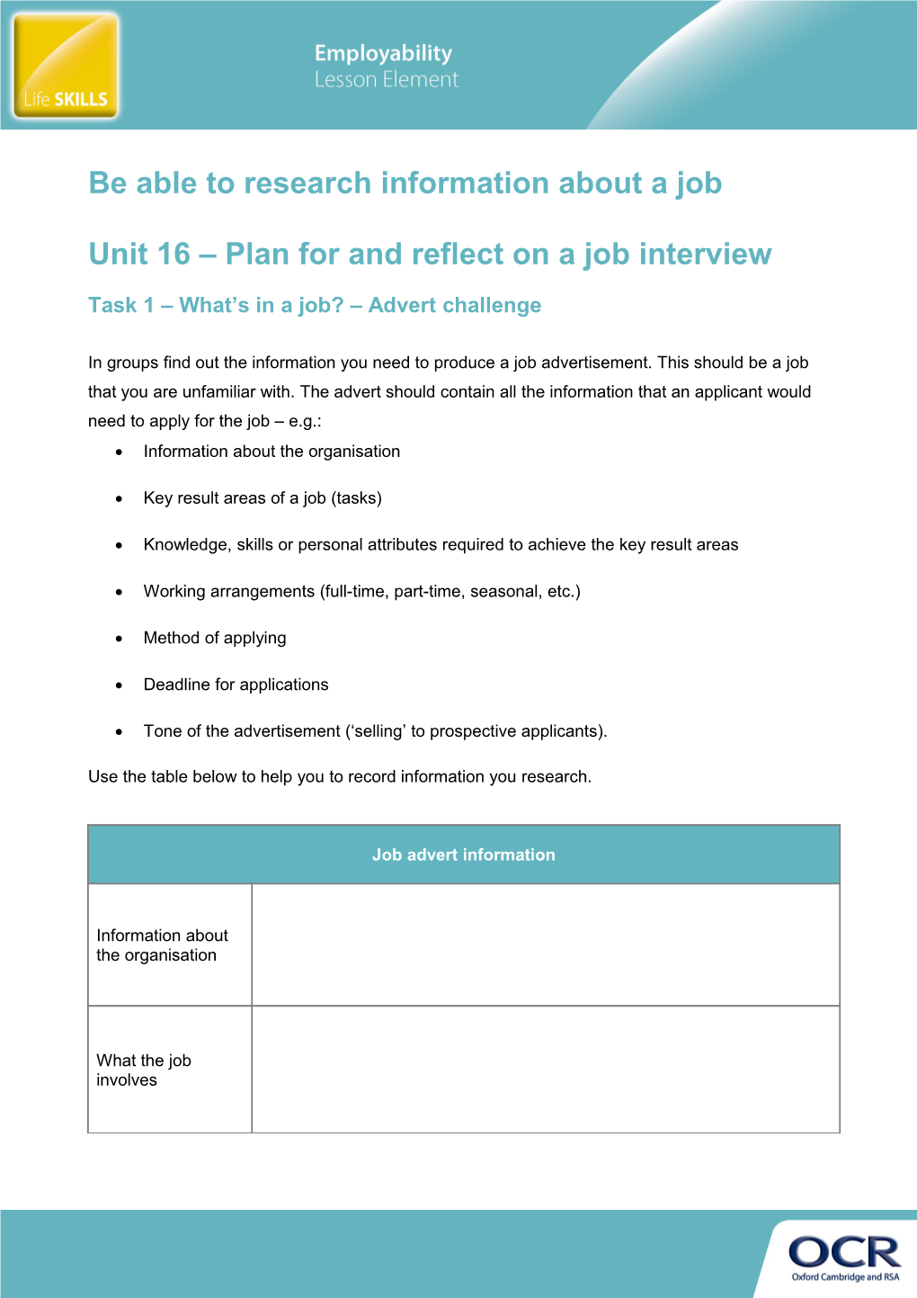 Cambridge Employability - Unit 16 - Be Able to Research Information About a Job