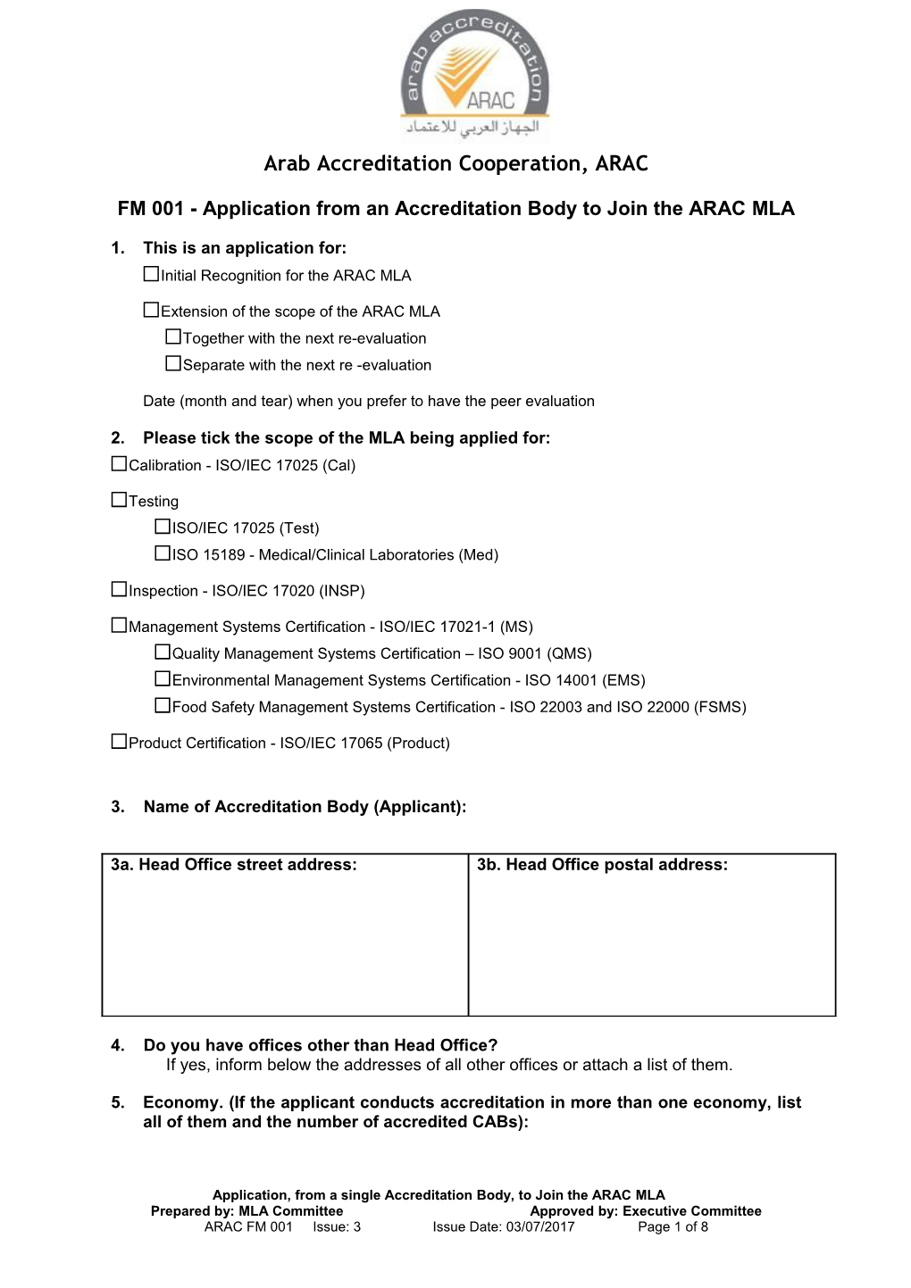 FM 001 - Application from an Accreditation Body to Join the ARAC MLA